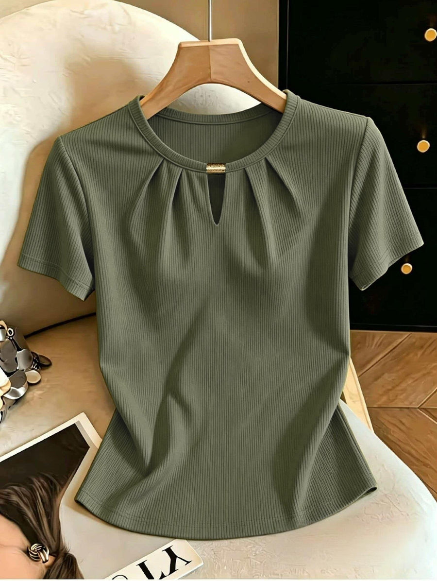 Women'S Summer Sexy Fitted Round Neck Metallic Embellished Hollow-Out Elegant Vacation Travel Short Sleeve T-Shirt - Green