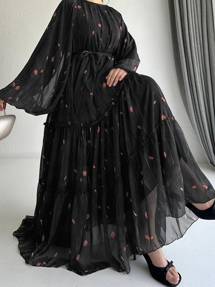 Women's Middle Eastern Muslim Chiffon Print Dress - Black