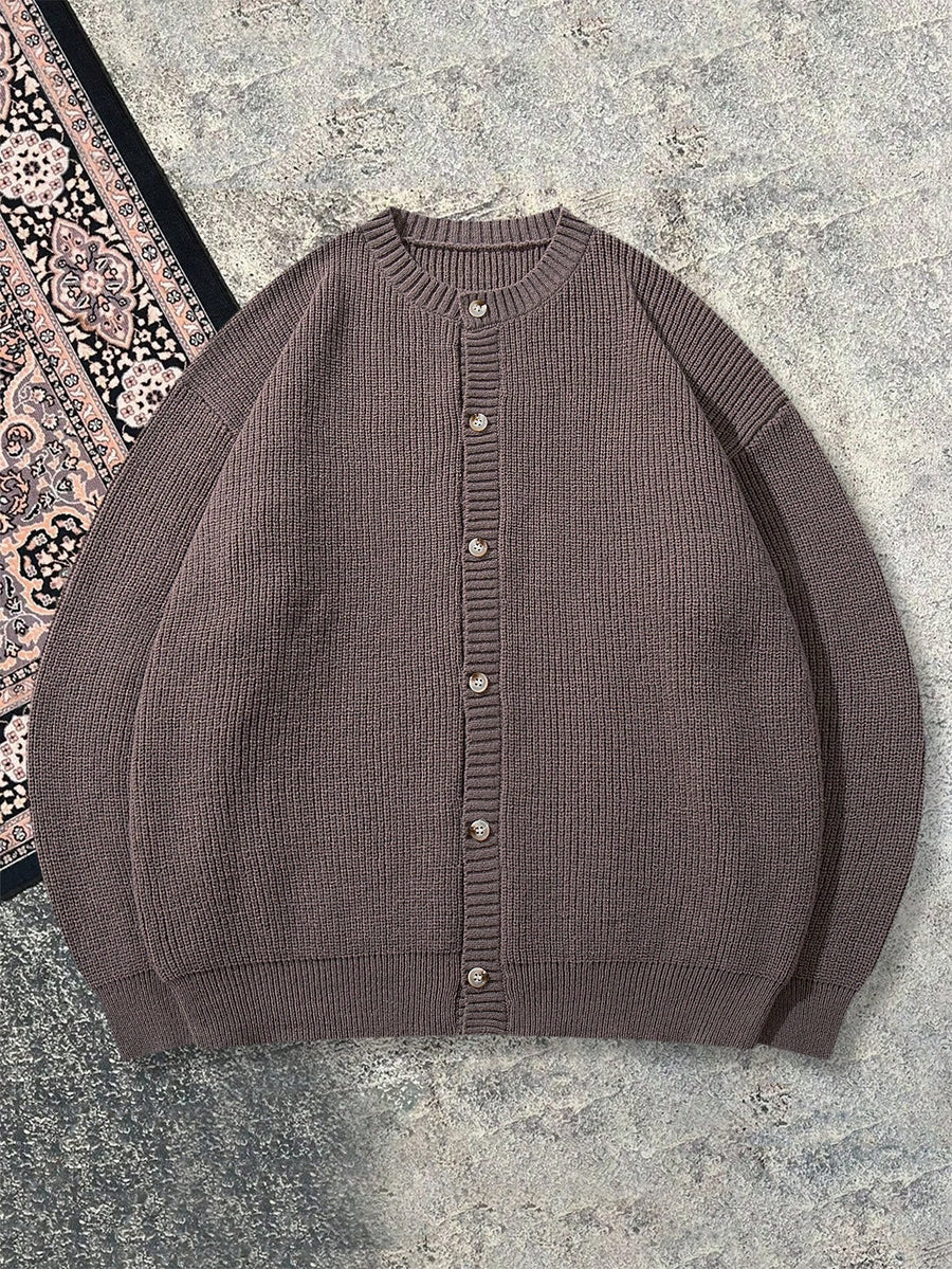 Autumn Winter 26 New Solid Color Round Neck Retro Thick Texture Sense Cardigan Unisex Outerwear Long Sleeve Sweater Khaki Short Length Open Front Jacket - Khaki