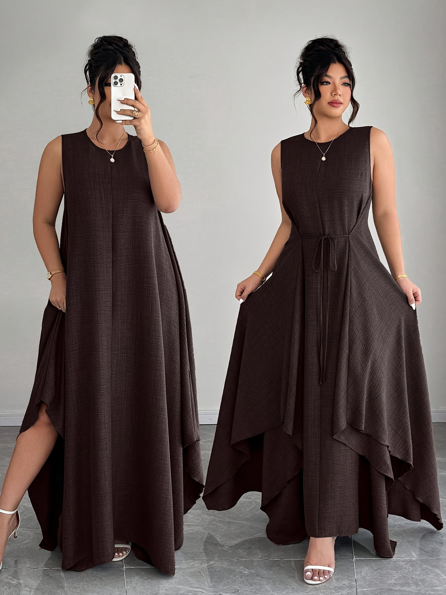 Women'S Elegant Vacation Casual Daily Outerwear Tie-Belt A-Line Asymmetrical Hem Dress - Brown