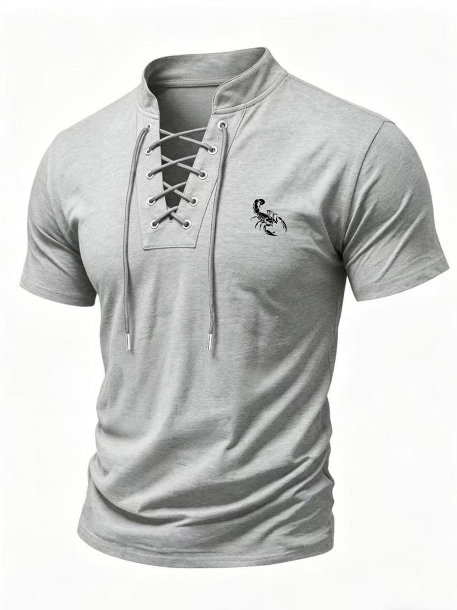 2026 New Men's Short-Sleeve T-Shirt, Men's Lace-Up Stand Collar Short-Sleeve Tee, Suitable for All Seasons, Slim-Fit Casual Top with Unique Lace-Up Design, Scorpion Pattern Print - Light Grey