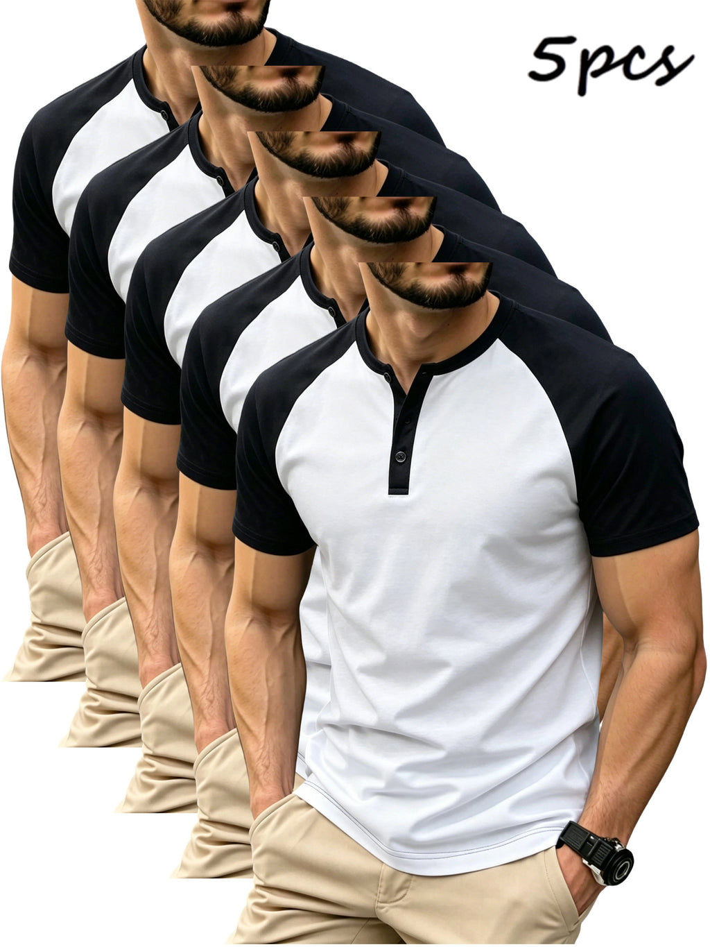 5-Pcs Summer Men'S Short-Sleeve T-Shirt, Raglan Sleeve Henley Shirt, Multi-Color Solid Casual Sports Top, Button-Up Round Neck Shirt - White