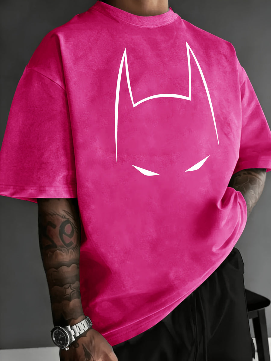 Licensed by WB Warner, Men's Old Cotton 100% Cotton Washed Crew Neck T-Shirt, Mask Contour Minimalist Graphic Design, Loose Version, Men's Casual Cotton Versatile Loose Summer Short Sleeve T-Shirt - Rose Red