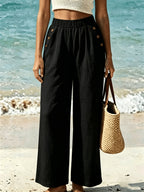 New Beautiful Women'S Elegant Solid Color Long Pants, with Elastic Waist And Pockets, Suitable for Commuting, Vacation, Street Fashion, Casual Afternoon Tea, And Daily Wear, Fashionable And Elegant Style - Black