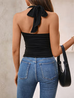 Women's V-neck Ruffled Hem Halter Tie Back Sleeveless Top - Black