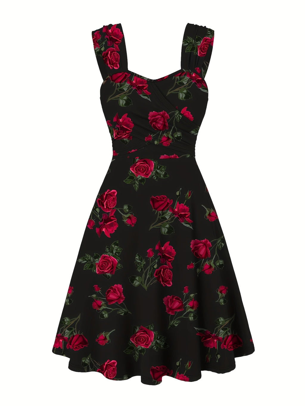 Elegant Casual Dress with a Rose Print, Front Pleats, Cross Wide Shoulder Straps, And Off-Shoulder Design - Black