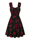 Elegant Casual Dress with a Rose Print, Front Pleats, Cross Wide Shoulder Straps, And Off-Shoulder Design - Black