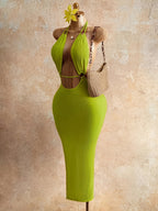 New Summer Women'S New Collection Halter Neck Backless Design Long Dress, Vacation Wear, Women, 2026 Fashion, Clothing, Slim Fit Suitable for Beach Vacations, Summer Vacation Wear, Holiday Clothing - Yellow-green