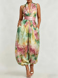 Urban Style Printed V-Neck Jumpsuit, Women's Printed Sleeveless V-Neck Satin Jumpsuit with Waist Cinching, Cuffed Legs, and Flared Pants, Elegant Vacation Style, Loose Fit,, with Pockets - Mixed colors