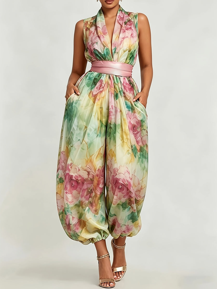 Urban Style Printed V-Neck Jumpsuit, Women's Printed Sleeveless V-Neck Satin Jumpsuit with Waist Cinching, Cuffed Legs, and Flared Pants, Elegant Vacation Style, Loose Fit,, with Pockets - Mixed colors