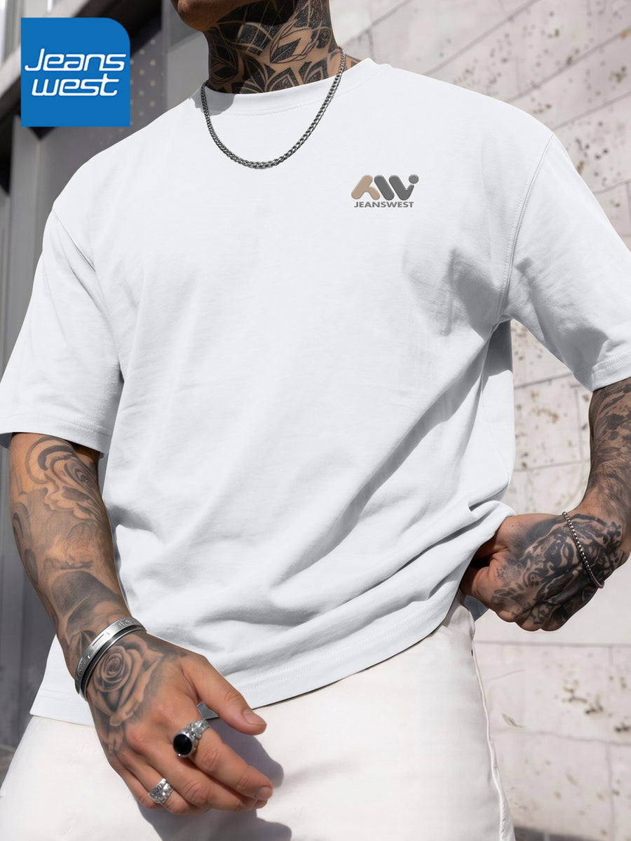 JEANSWEST Men's Summer 100% Cotton Sporty Casual Short-Sleeve T-Shirt, Loose Fit - White