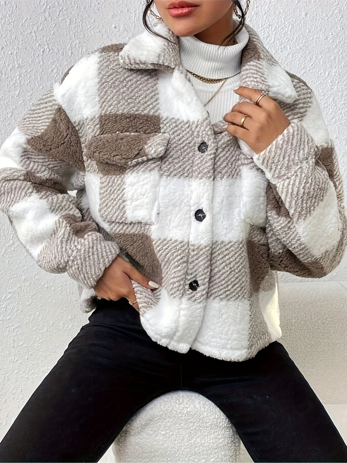 Women's Casual Plaid Lapel Jacket - Khaki