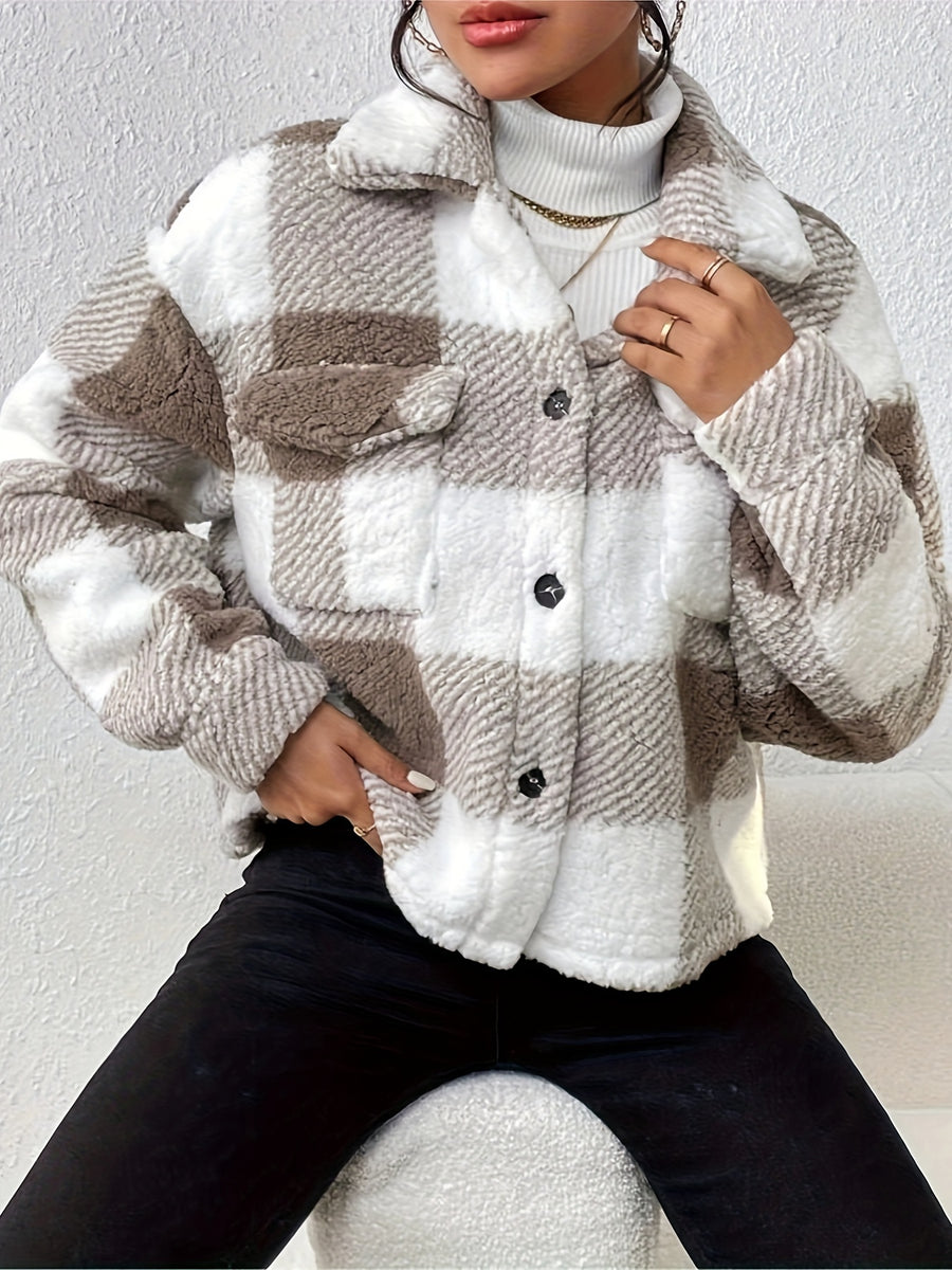 Women's Casual Plaid Lapel Jacket - Khaki