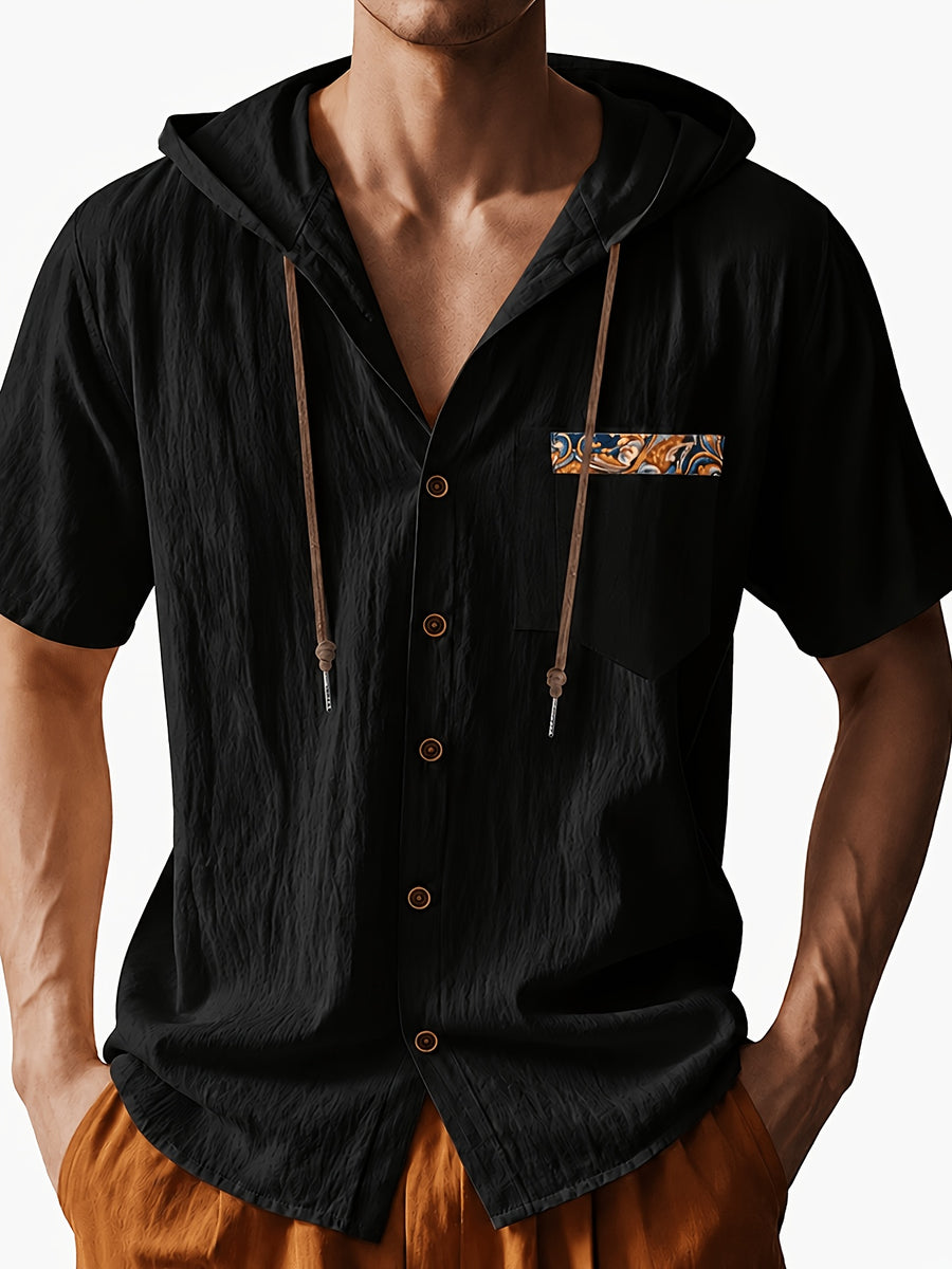 Men's Short Sleeve Hooded Shirt, Casual Button Hoodie Top with Chest Pocket, Lightweight Breathable Summer Shirt for Beach Vacation, Travel, Resort Wear, Outdoor Leisure, Streetwear Style and Daily Casual Outfit - Black