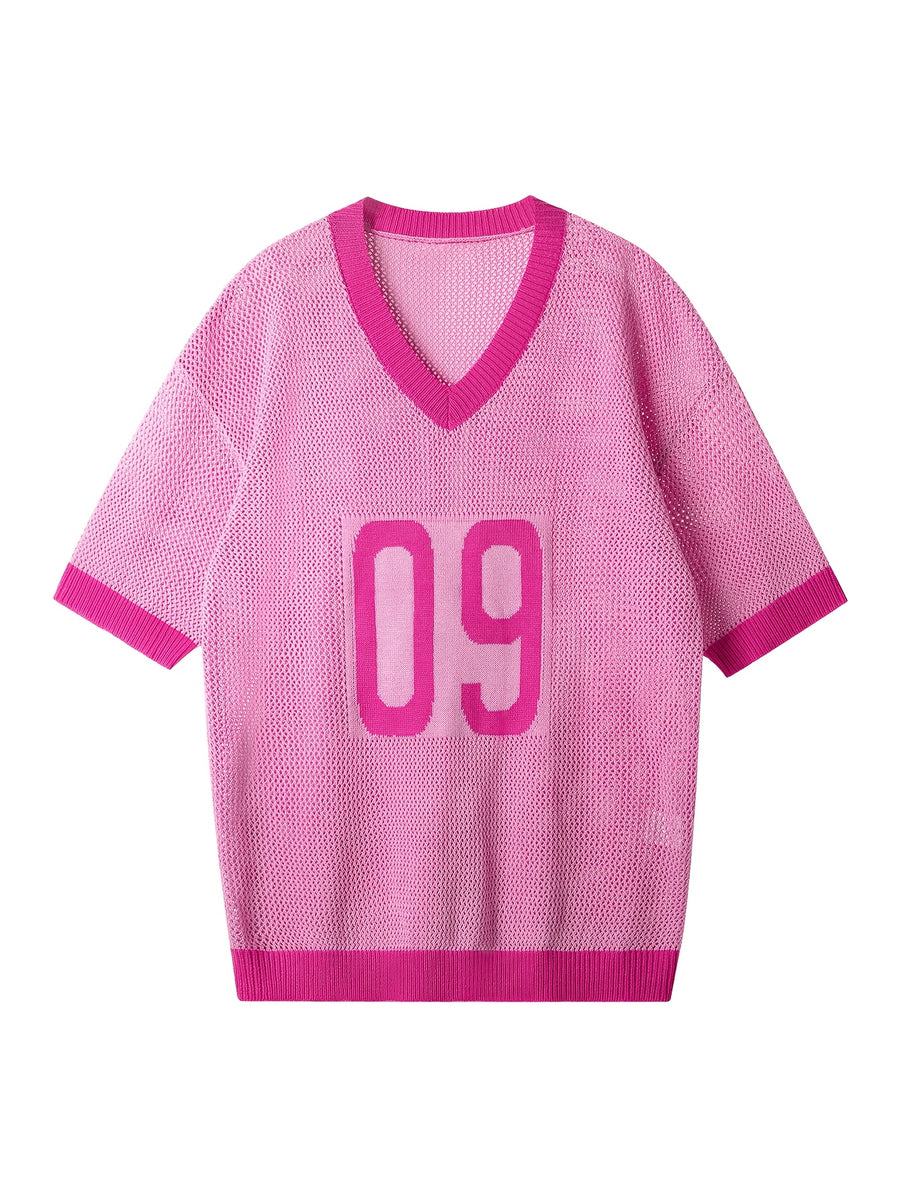 Spring Summer New Men'S Short Sleeve Hollow Loose Knit Pullover Top V-Neck Pullover Casual Outdoor Top - Rose Red