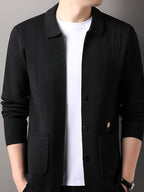 Men's Lapel Vertical Stripe Knit Cardigan Jacket, featuring a light business style with a mature and steady vibe, yet incorporating a sense of casualness. Flattering on all body types, suitable for men - SINBOS - Black