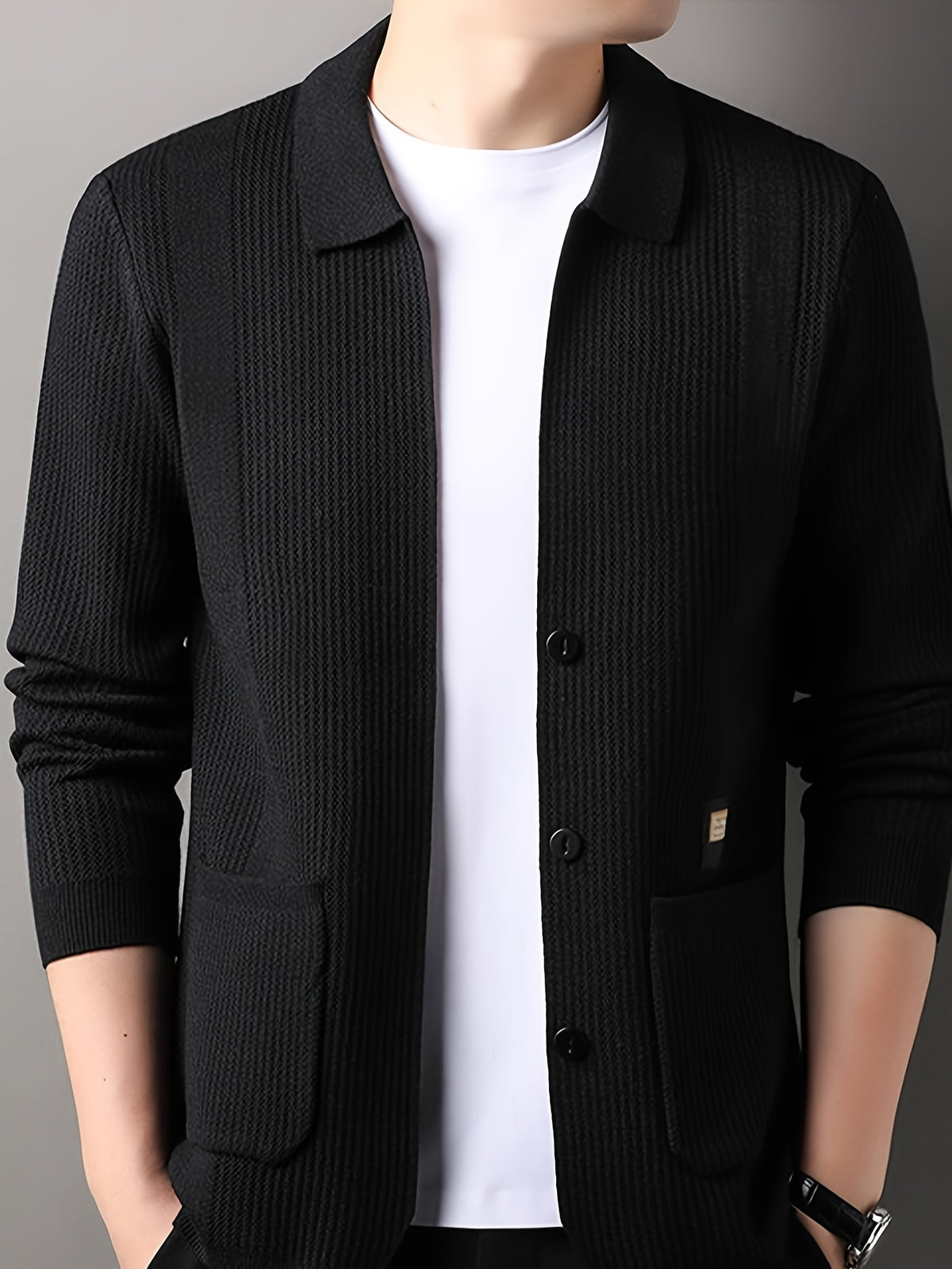 Men's Lapel Vertical Stripe Knit Cardigan Jacket, featuring a light business style with a mature and steady vibe, yet incorporating a sense of casualness. Flattering on all body types, suitable for men - SINBOS - Black
