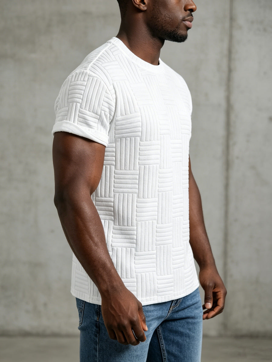 HTHMRN Men's 3D Grid Textured Crew Neck T-Shirt - Solid Knit Short Sleeve Casual Tee with Roll Cuff, Striped Suitable for Beach, Vacation, Streetwear & Daily Wear, Machine Washable Round Neck Summer Tops - White