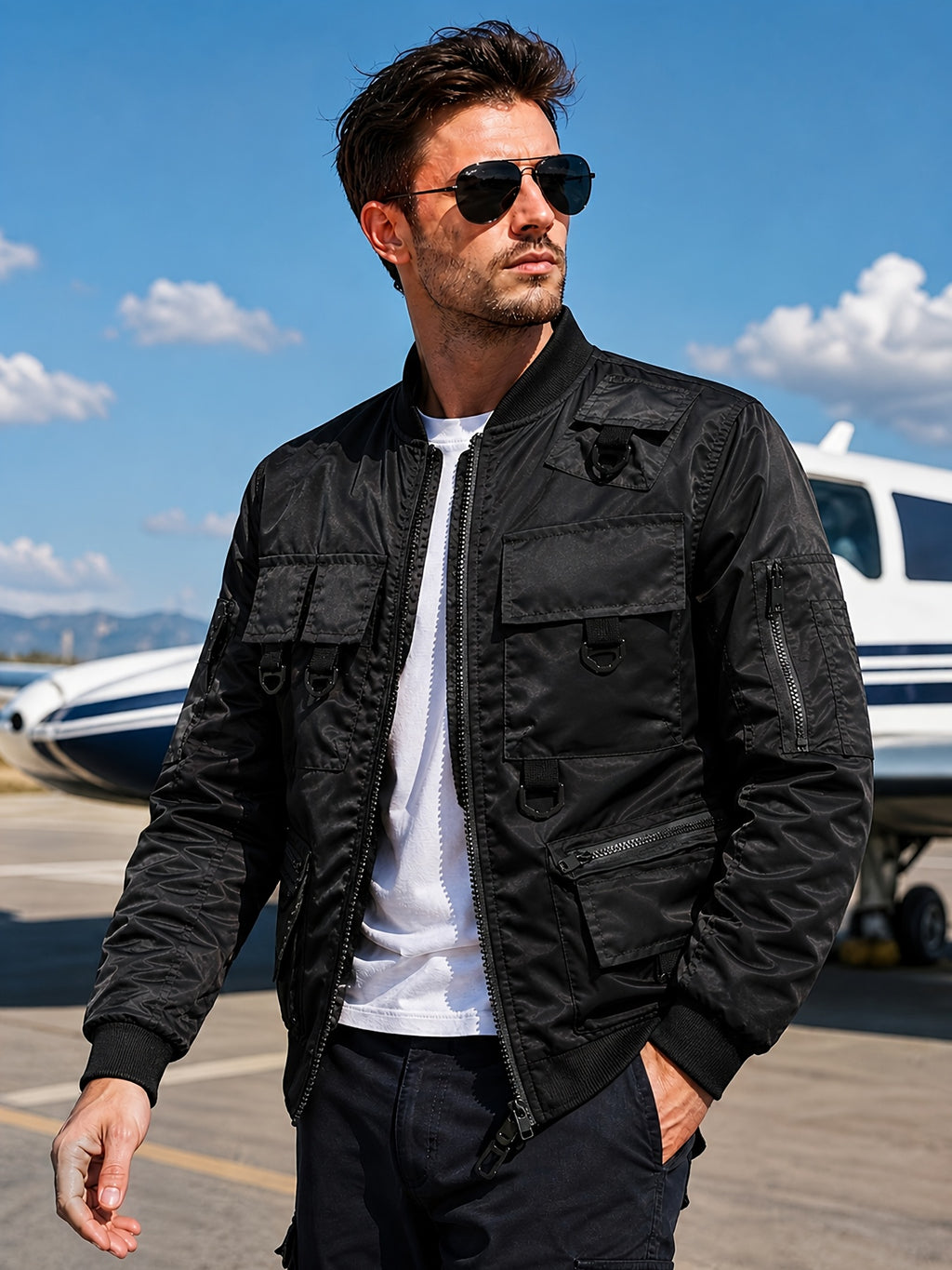 Men's Functional Style Baseball Collar Workwear Jacket, Trendy Multi-Pocket Design, Vintage Pilot Jacket Style, Suitable for Spring and Autumn, Daily Outings, and Outdoor Commuting Workwear Jacket - Black