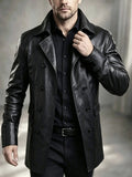 Autumn/Winter New Mid-Length Solid Color Double-Breasted Lapel Cardigan for Men, Casual Business Style PU Trench Coat Jacket - Black