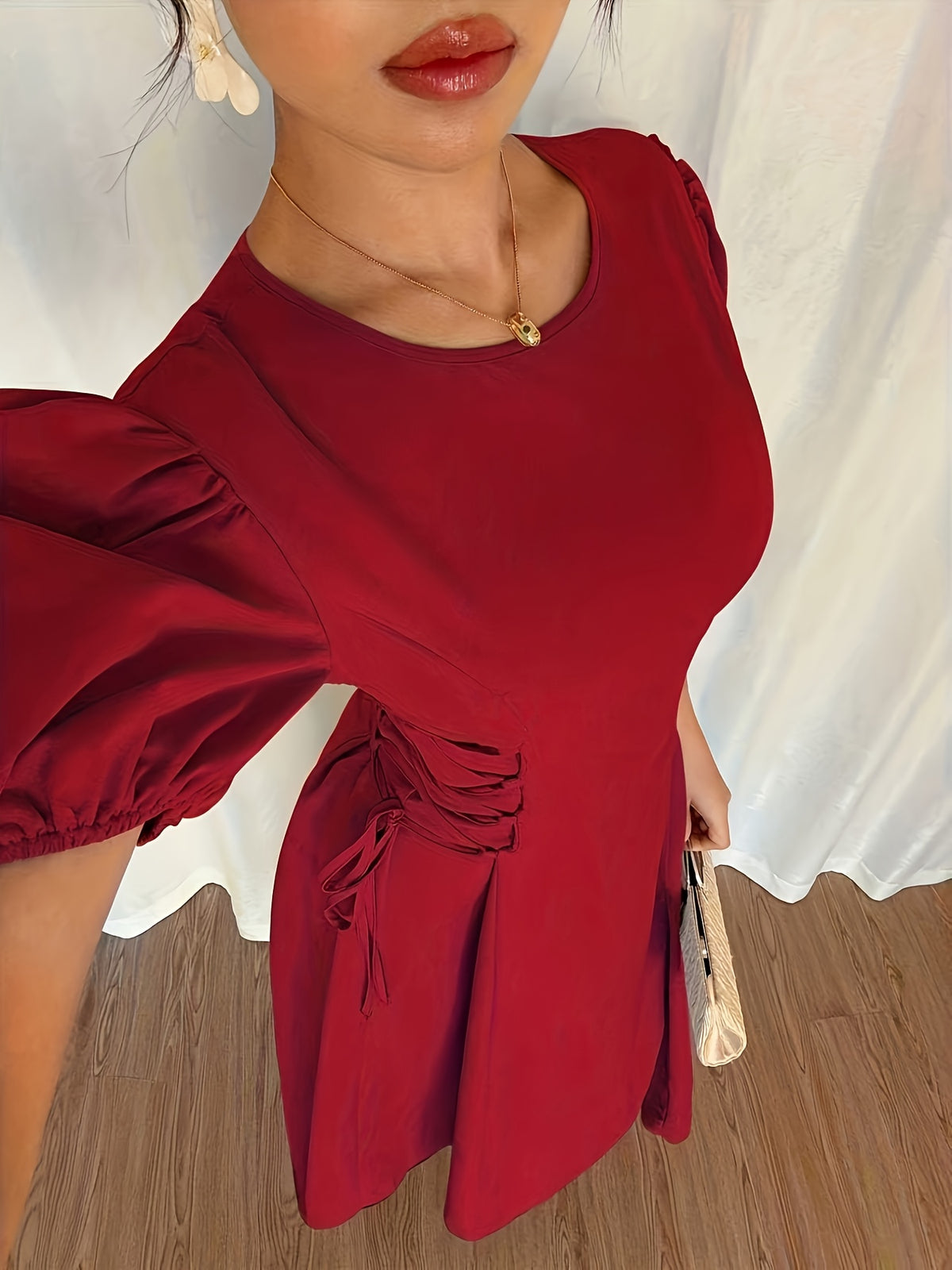 Elegant Daily Casual Solid Color Long Dress with Puff Sleeves, Pleated Detail, and Tie Belt, Suitable for Vacation, Banquets, and Parties, Slim Fit Elegant Dress, Summer Dress - Brick Red