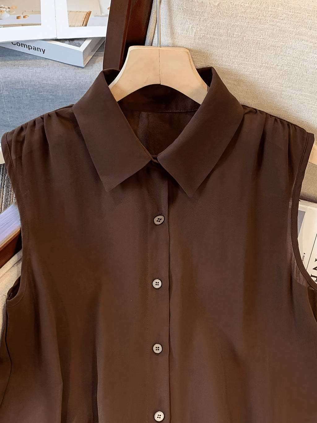 GlowEve Coffee Sleeveless Pleated Chiffon Casual Loose Fit Top for Women - Dark Brown