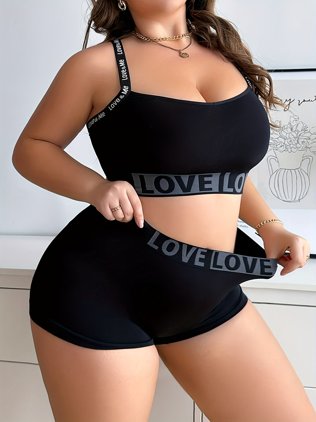 1 Set Plus Size Smooth Women'S English LOVE Panty And Bra Set Seamless Casual Mid-Waist Tummy Control Safety Shorts Four-Corner Pants Underwear Sexy Solid Soft Comfortable Butt Lifting Anti-Exposure Suitable for Daily Casual Leggings Breathable - Black