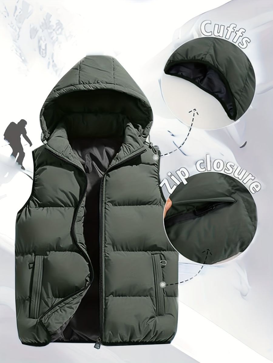 Men'S Autumn Winter Solid Color Vest, Outdoor Casual Fashion Thickened Waistcoat, Quilted Casual Warm Jacket with Removable Hood, Zippered Pockets, Men'S Cold Weather Jacket Top. Suitable for Multi-Scene Wear - fern green