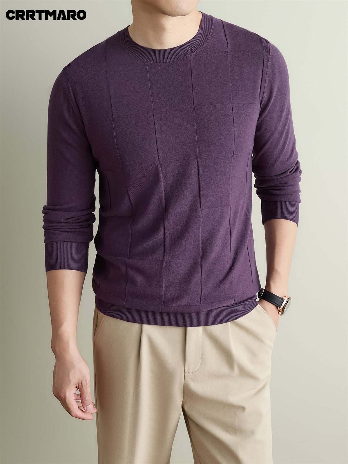 Men's CRRTMARO Textured Check Sweater - Warm Crew Neck Pullover Sweater Suitable for Fall & Winter, Casual Layering Top with Solid Color Base, Regular Fit Sweater for Office, -Casual Wear (Hand Washable) - Gray Purple