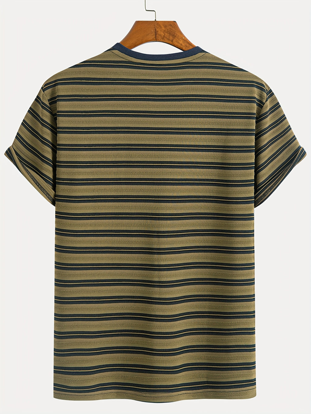 1pc Men's Summer Knit Striped T-Shirt - Soft Breathable Fabric, Classic Round Neck Short Sleeve, Regular Fit for Casual & Outdoor Wear, Multi-Color Striped Design, Daily Outfit, Lightweight Shirt, Basic Tee, Casual Attire - Olive
