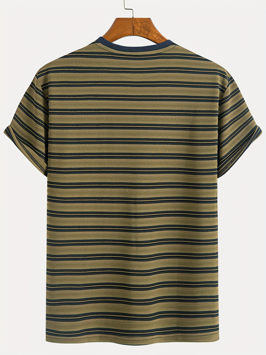 1pc Men's Summer Knit Striped T-Shirt - Soft Breathable Fabric, Classic Round Neck Short Sleeve, Regular Fit for Casual & Outdoor Wear, Multi-Color Striped Design, Daily Outfit, Lightweight Shirt, Basic Tee, Casual Attire - Olive
