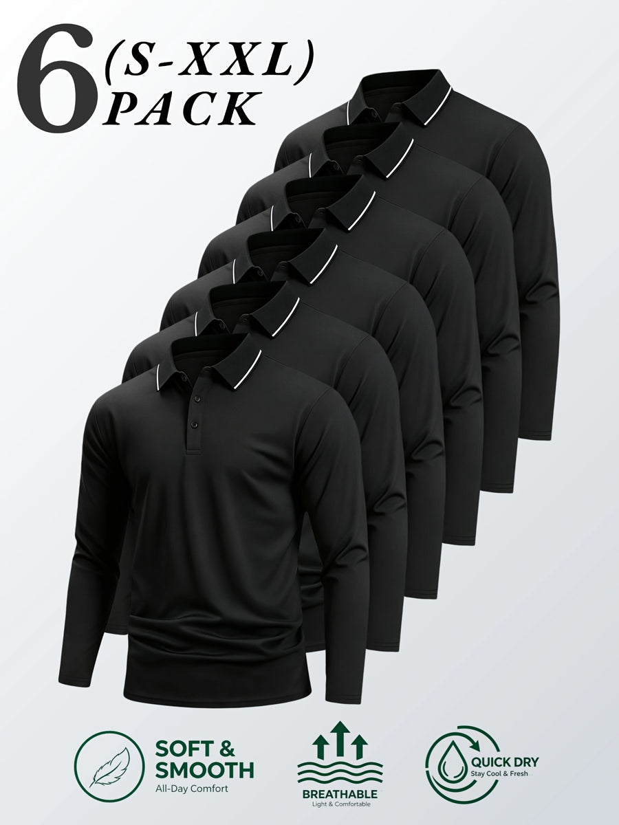 6pcs/Set Striped Lapel Long Sleeve Casual Sports Mesh Quick-Dry Breathable Comfortable POLO Shirt Basic Solid Color - Black 6