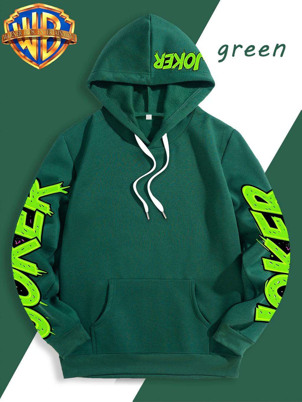 Authorized by Warner Bros., Featuring Colorful Graffiti And Ink Splattered Joker JOKER Poker Prints, Hat Design Patterns, Versatile Street Style Men'S Hooded Sweatshirt, Comfortable And Casual, Suitable for Autumn And Winter Wear - Green