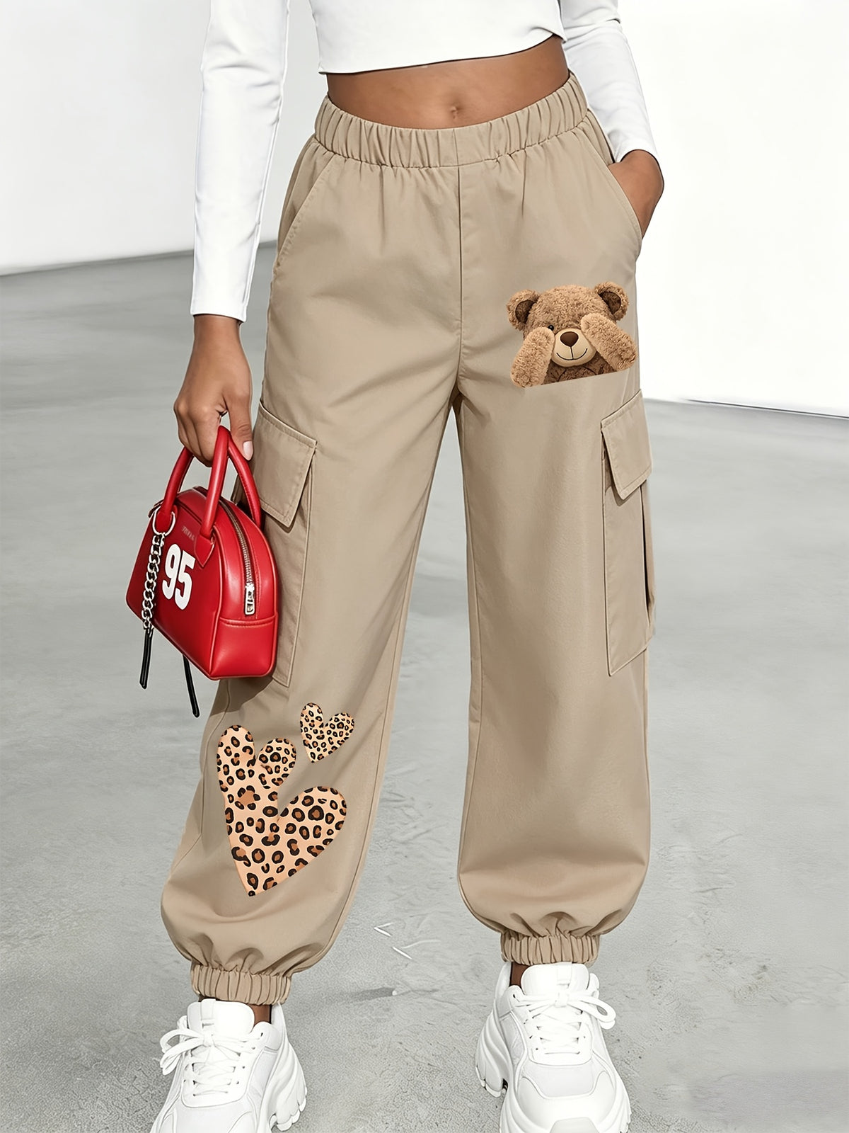 New Arrival - Women'S Long Pants (Single Piece), Cute And Fun Pattern Letter Print Cargo Pants, Multi-Pocket Design, Bear Cartoon Pattern, Cargo Style, Fashionable for Ages 18-25, Machine Washable, Durable Fabric - Perfect for Spring Summer - Khaki