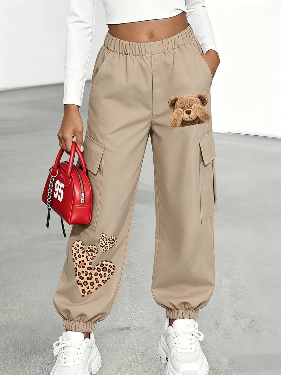 New Arrival - Women'S Long Pants (Single Piece), Cute And Fun Pattern Letter Print Cargo Pants, Multi-Pocket Design, Bear Cartoon Pattern, Cargo Style, Fashionable for Ages 18-25, Machine Washable, Durable Fabric - Perfect for Spring Summer - Khaki