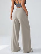 Spring And Autumn Women'S Casual Versatile Wide-Leg Pants (2 Pockets) High-Waisted Elastic Waist Design Straight-Leg Long Pants Breathable Loose Daily Commute Outerwear Comfortable Women'S Pants - Khaki