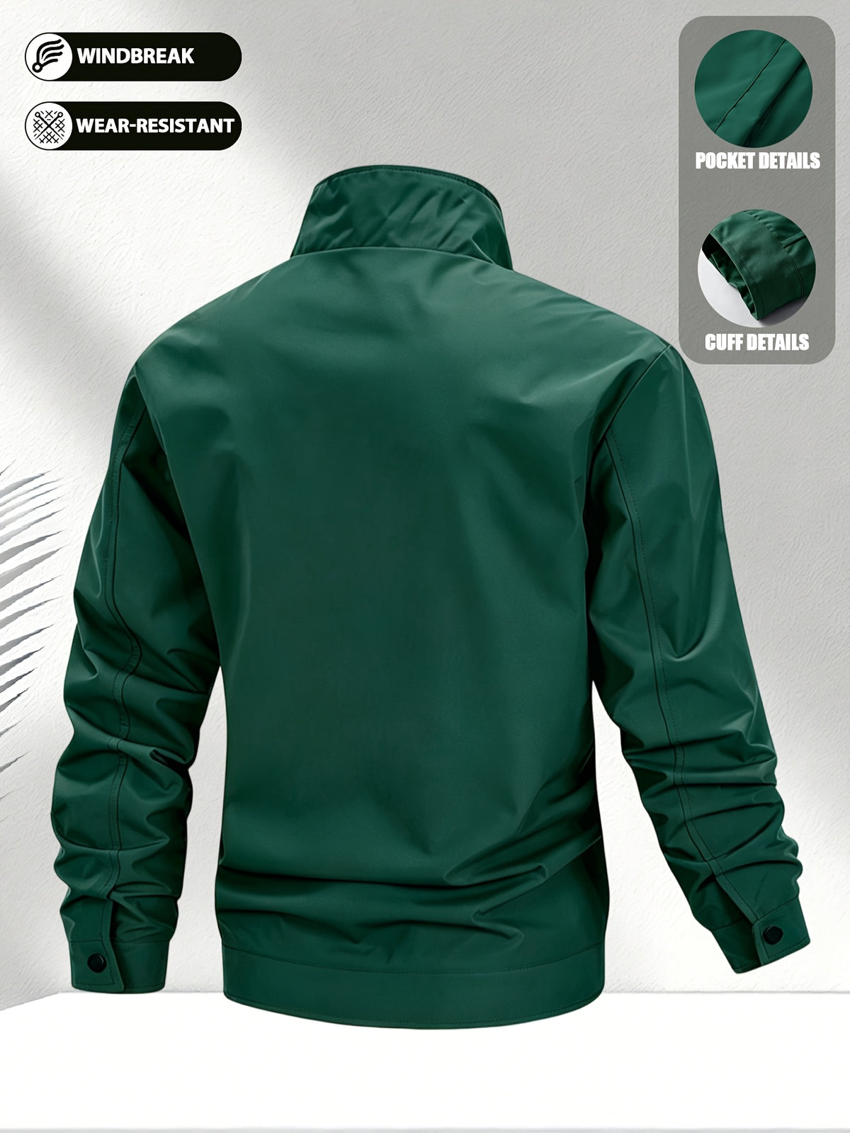 Men'S Solid Color Stand-Collar Jacket, Street Casual Campus Outing Style, Lightweight Windproof Practical Fabric, Minimalist All-Match Cargo Style, Spring/Autumn Standard Fit - 637 - Green