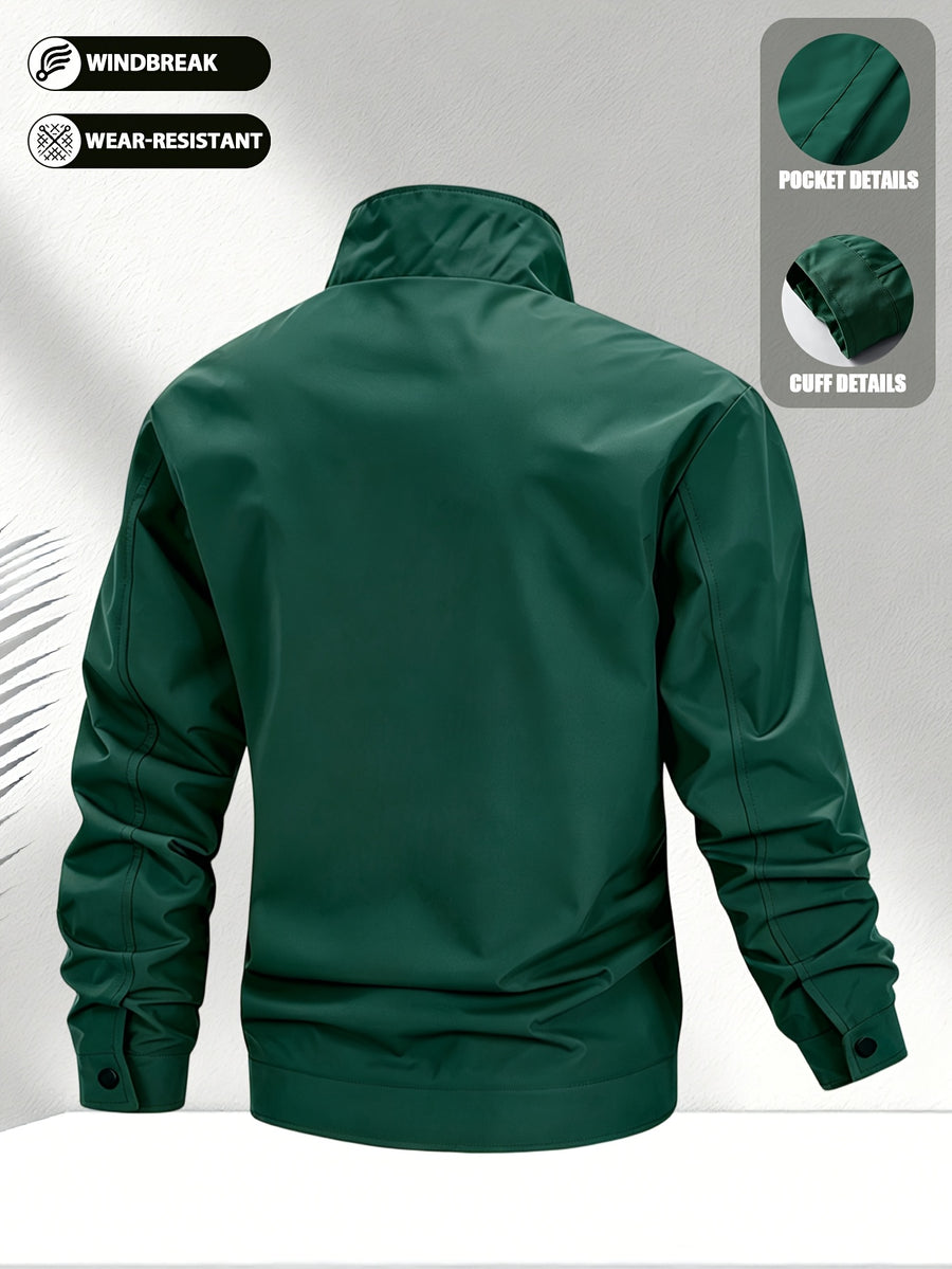 Men'S Solid Color Stand-Collar Jacket, Street Casual Campus Outing Style, Lightweight Windproof Practical Fabric, Minimalist All-Match Cargo Style, Spring/Autumn Standard Fit - 637 - Green