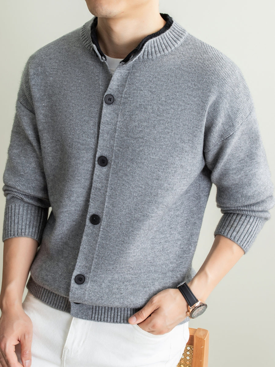 2026 Spring/Autumn New Men's Textured Round Neck Knit Cardigan, Middle-Aged Business Casual Single-Breasted Sweater Jacket, Versatile Style for Daily Commute / Weekend Outings - Grey