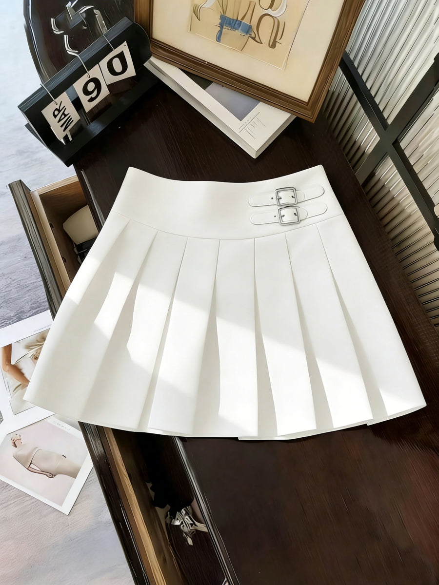 [Development ZD260112084] Women's Casual Cropped Pleated Skirt with Decorative Accessory Buckle (Lined) - White