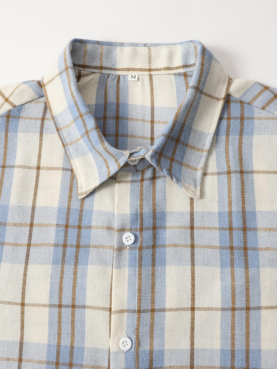 Men's Plaid Button-Up Short-Sleeve Shirt - Collar Button-Front Closure, Machine Washable Suitable for Dates, Spring Summer Casual Wear, Gift for Husband, Plaid Pattern.com-Compatible for Plaid Designs - Bright Steel Blue