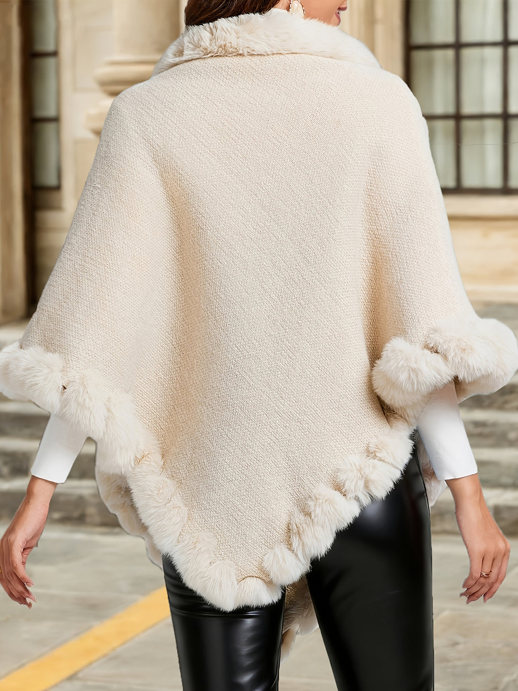 Elegant Special Edition "Pure Body Bust" - 1pc Elegant Women's Solid Color Waffle Shawl Pullover, 100% Polyester Fiber, Faux Trim Collar Patchwork, Stylish and Elegant European/American Style Warm Pullover, Suitable for Autumn/Winter - Apricot