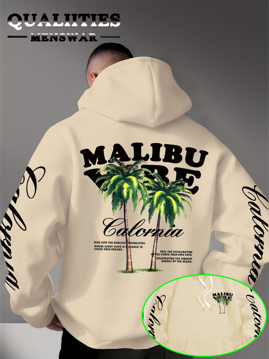 Men'S Casual Stylish Quality Hoodie Featuring The MALIBU VIBE Design with Two Palm Trees, Embodying The American California Beach Vibe Filled with Sunshine, Freedom, Knit - Apricot