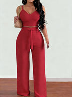 2-piece Women's Set with Thin Strap Stretch Camisole and Wide-leg Pants (front Tie) for Casual Vacation Wear - Brick Red
