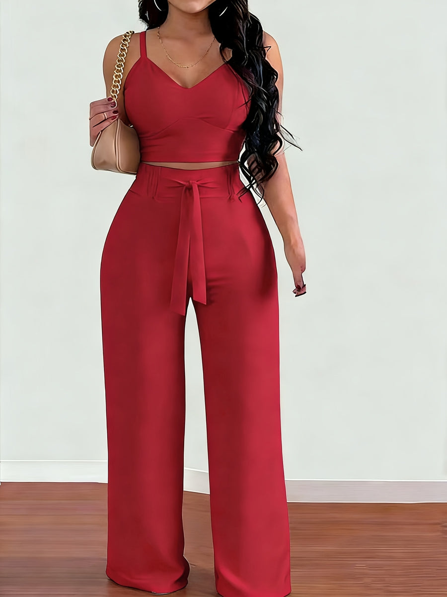 2-piece Women's Set with Thin Strap Stretch Camisole and Wide-leg Pants (front Tie) for Casual Vacation Wear - Brick Red