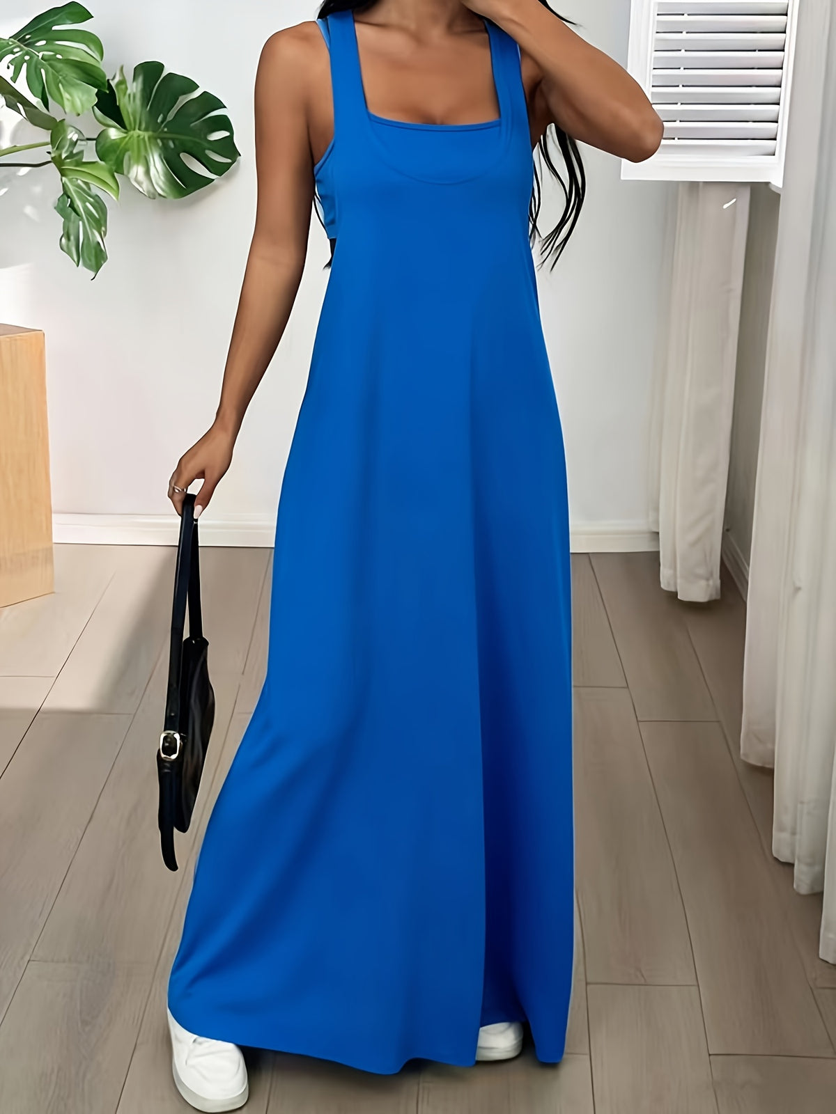 The Solid Color Asymmetrical Neckline Sleeveless Casual Dress Set Is Perfect for Summer Wear - Blue