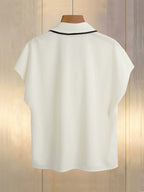 Women'S Beige Batwing Print V-Neck Tie-Up Chiffon Top, Short Sleeve Loose Fit Blouse - Apricot