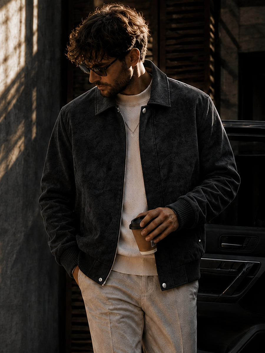 Men'S Autumn Winter Thickened PU Material Jacket, Retro Lapel Fleece-Lined Jacket, Loose Commuter All-Match Cargo Top, Windproof And Anti-Deformation, Autumn Winter Style, Travel Outdoor Wear - Black Fleece