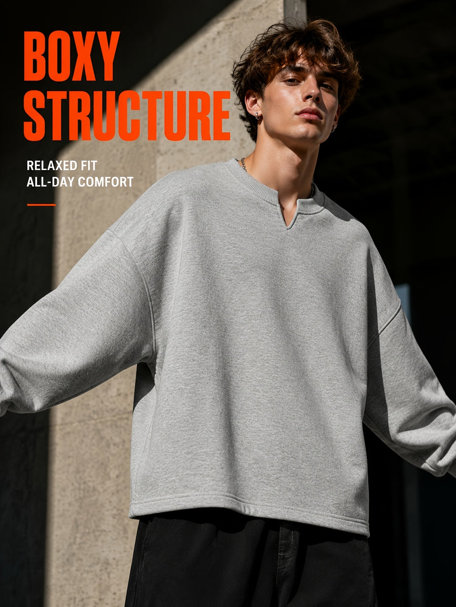 1pc Men'S Oversized Henley Notch-Neck Pullover Top, Drop Shoulder Loose Silhouette, Soft Knit Fabric, Ribbed Cuffs, Straight Hem, Minimalist Street-Inspired Long Sleeve Shirt for Daily Casual Commute Wear - Light Grey