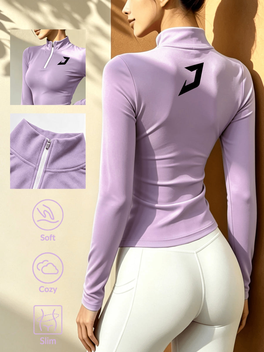 Stand-up Collar Half-zip Long-sleeve T-shirt, Autumn/winter Warm Half-high Neck Base Layer Top - Taro Purple